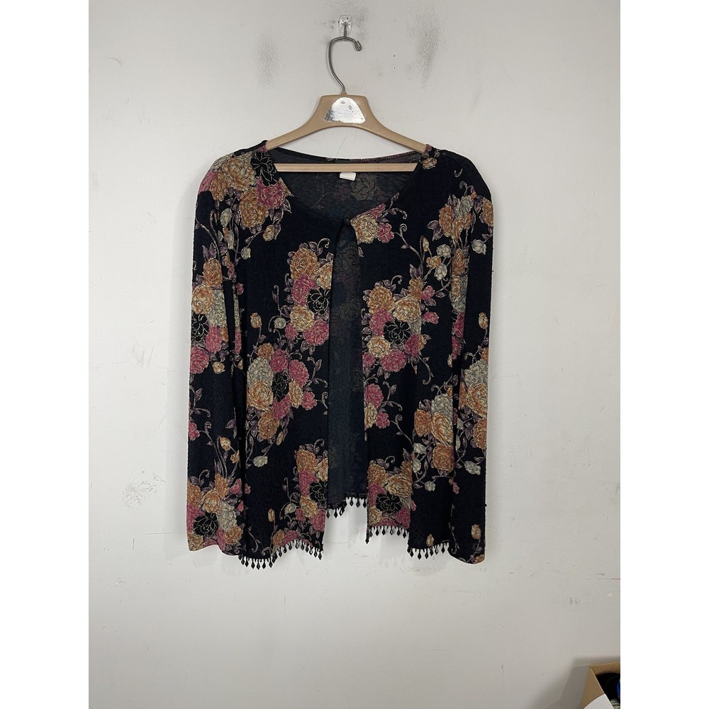 MSK Women's 3X Black Floral Open Front Kimono Shrug Cardigan with Pom Trim‎
